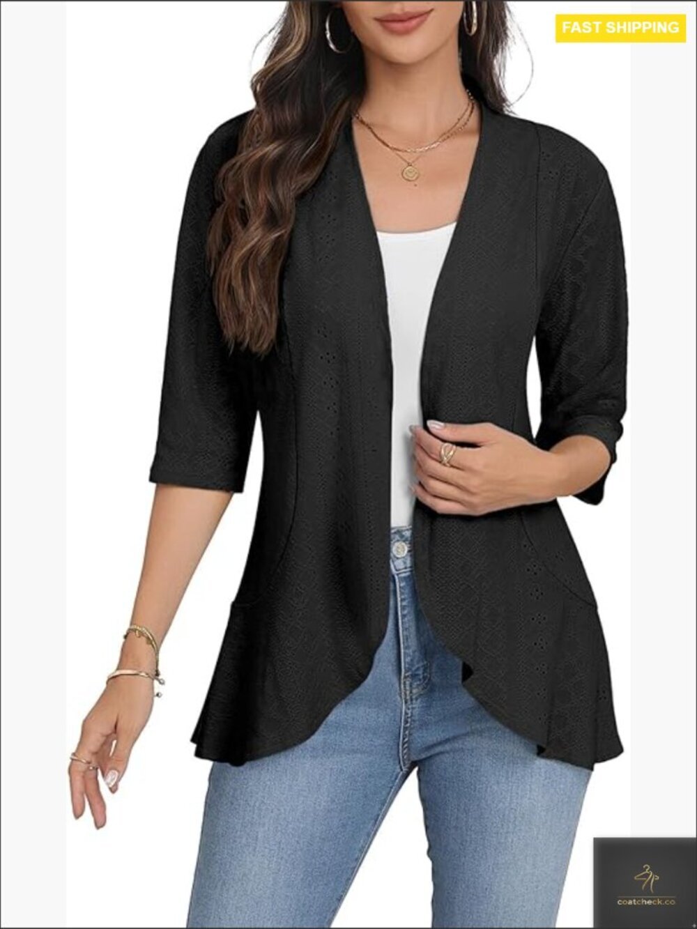 Womens Cardigan 3/4 Sleeves Open Front Lightweight Soft Netted Knit Ruffled
